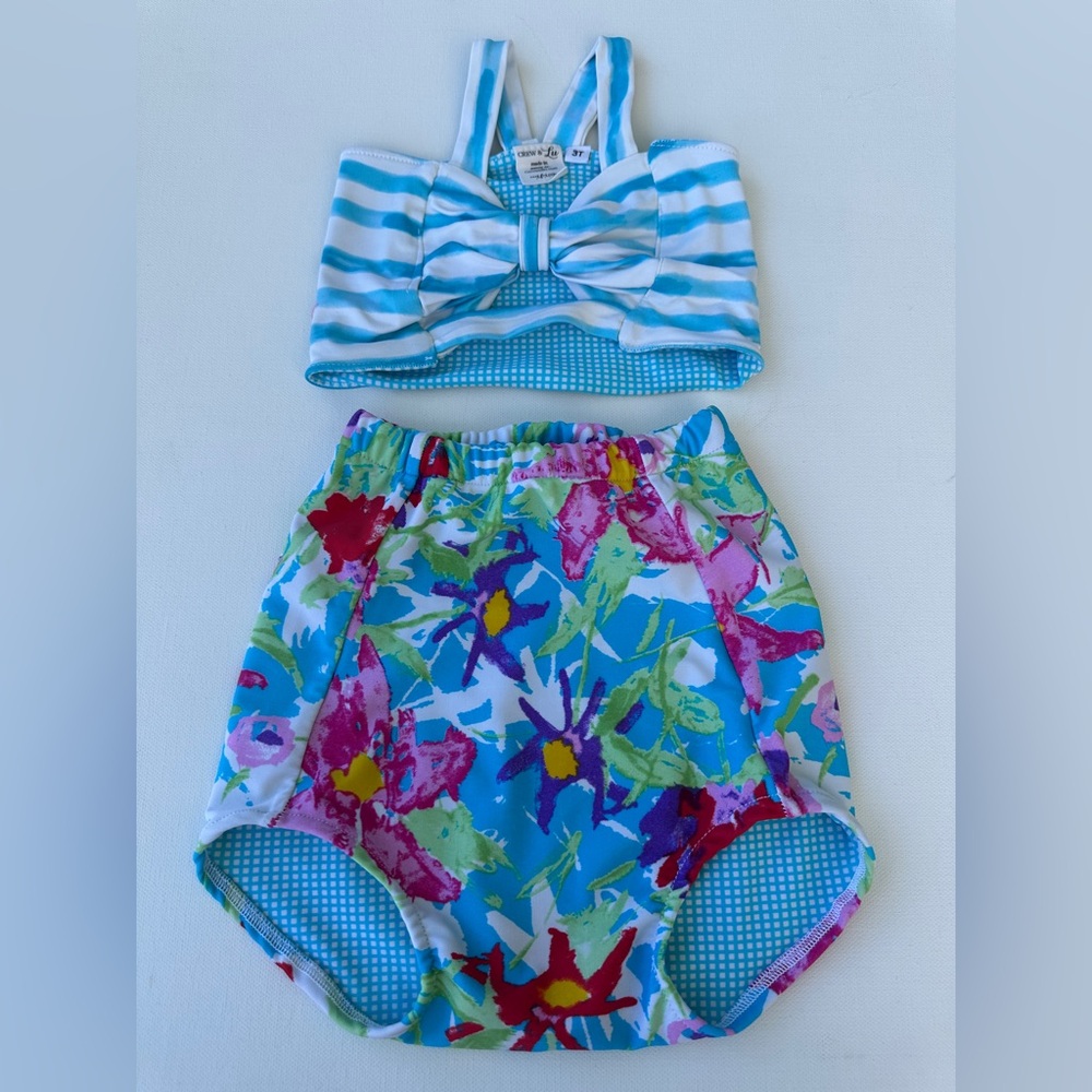 Crew & Lu girl’s Vibrant Blue and Pink Floral Bikini Set.  Size 3T.